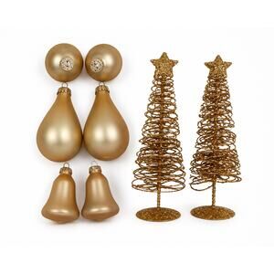 🔔💧🟡Vintage Gold Christmas Ornament Set 8 Pc Bells Pear 🎄Trees Matte Retro